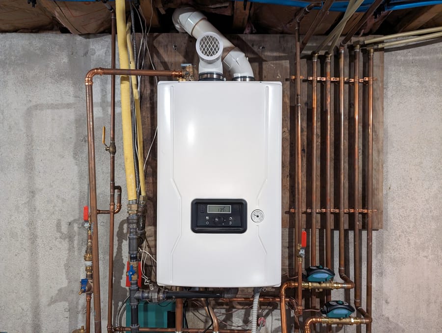 Straight-on color shot of a Tankless Combination Water Heater and Boiler installed on a well-lit basement wall of a residential building.