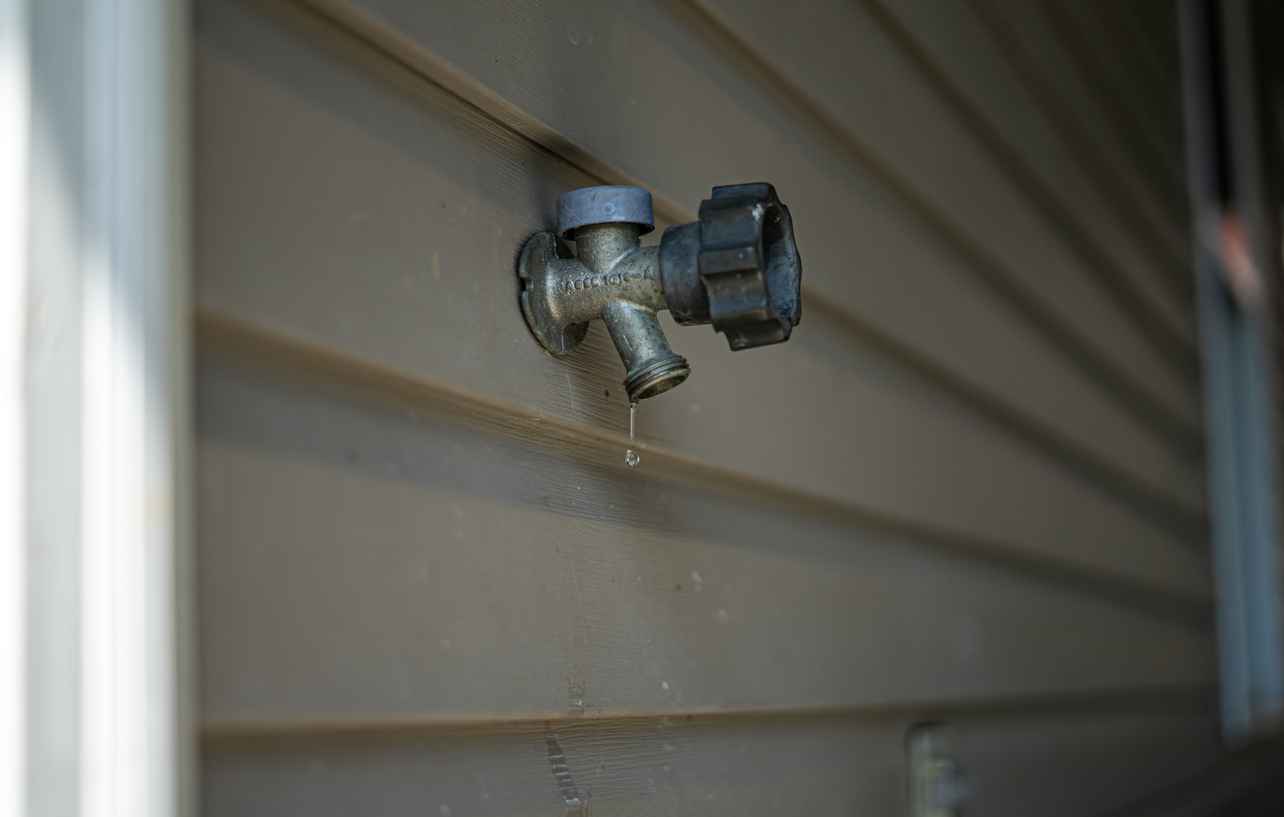 Outdoor faucet attached to the siding of the house with water dropping from it