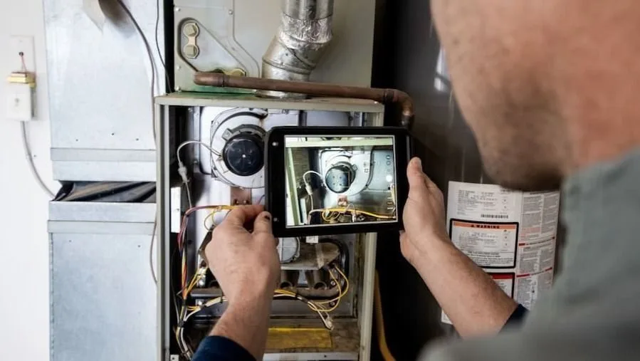 HVAC technician inspecting a furnace